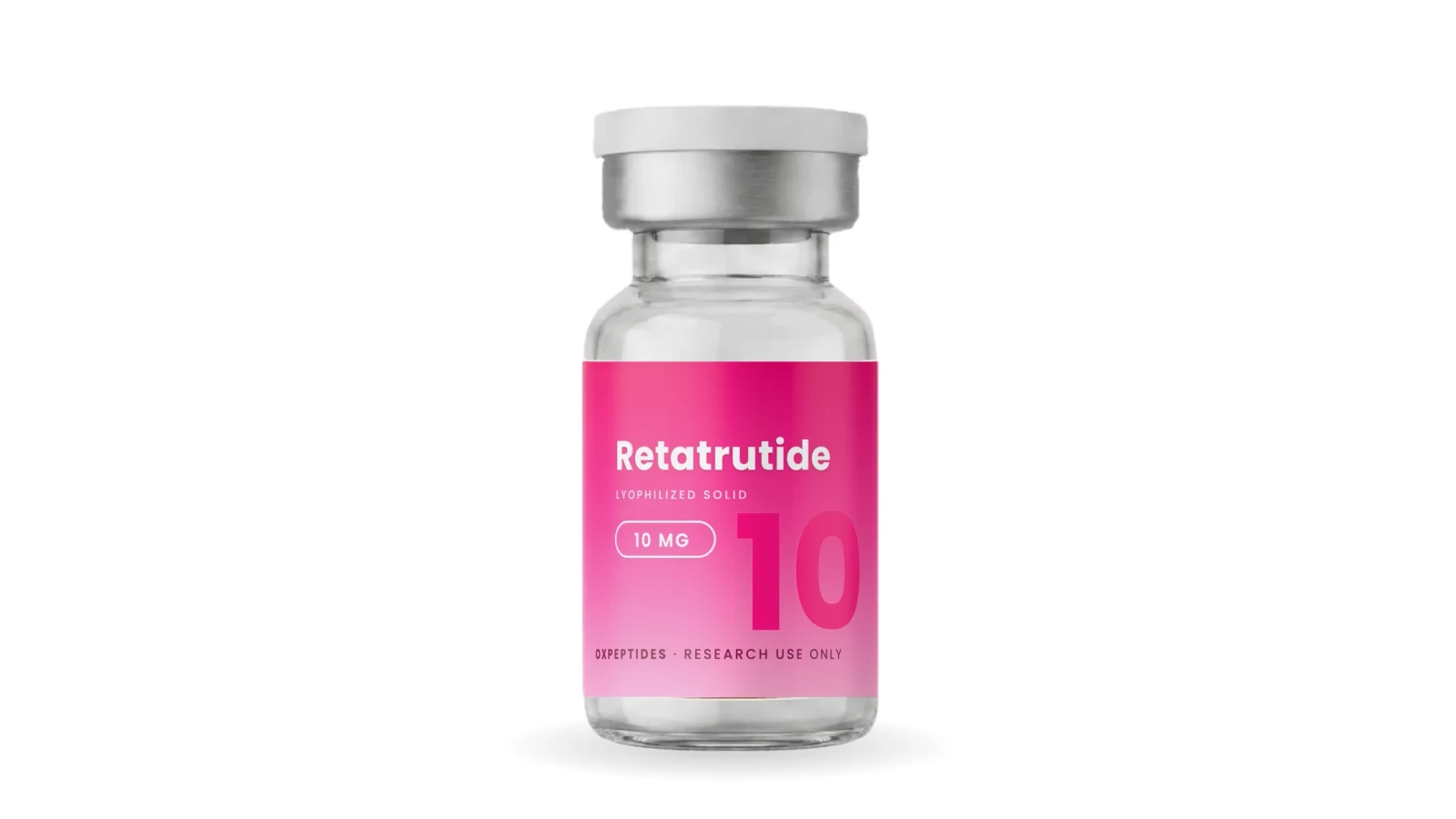 One OXpeptides Retatrutide 10 mg vial, sealed crimp-cap glass on white